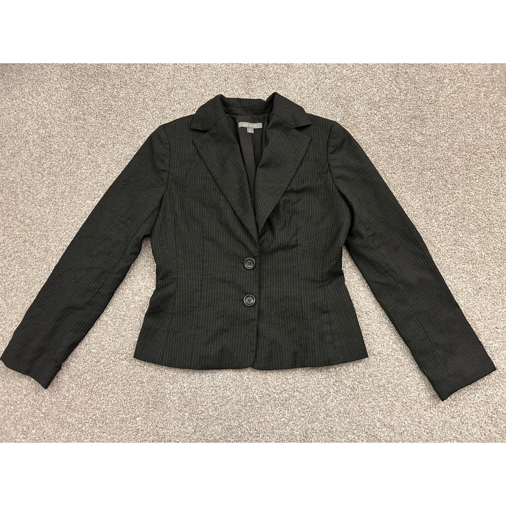Ann Taylor Blazer Womens 4 Black Pinstripe Excellent Wool Cashmere Two-Button